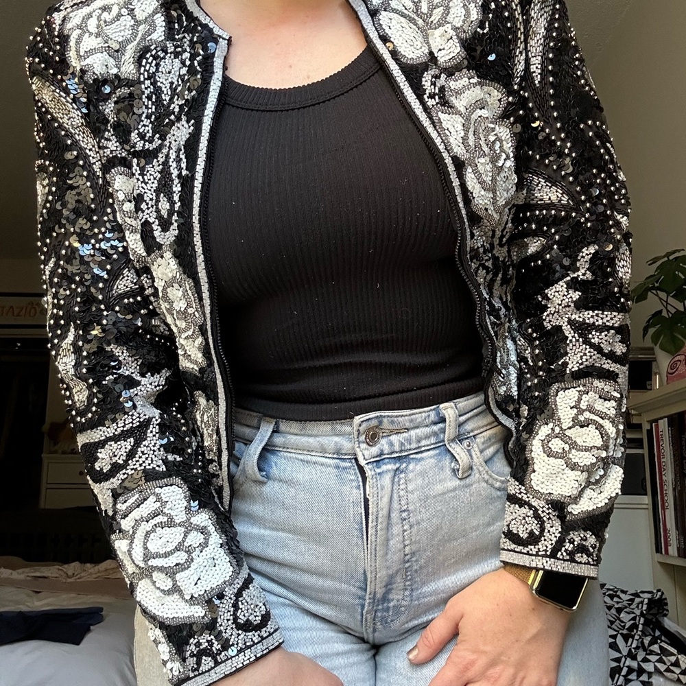A.J. Bari Black and White Floral Sequin Blazer